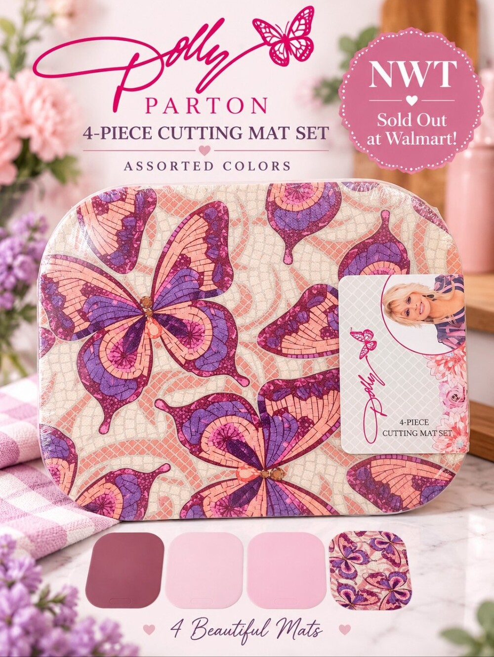 Dolly Parton Butterfly 4 Piece Cutting Mat Set Pink Purple NWT